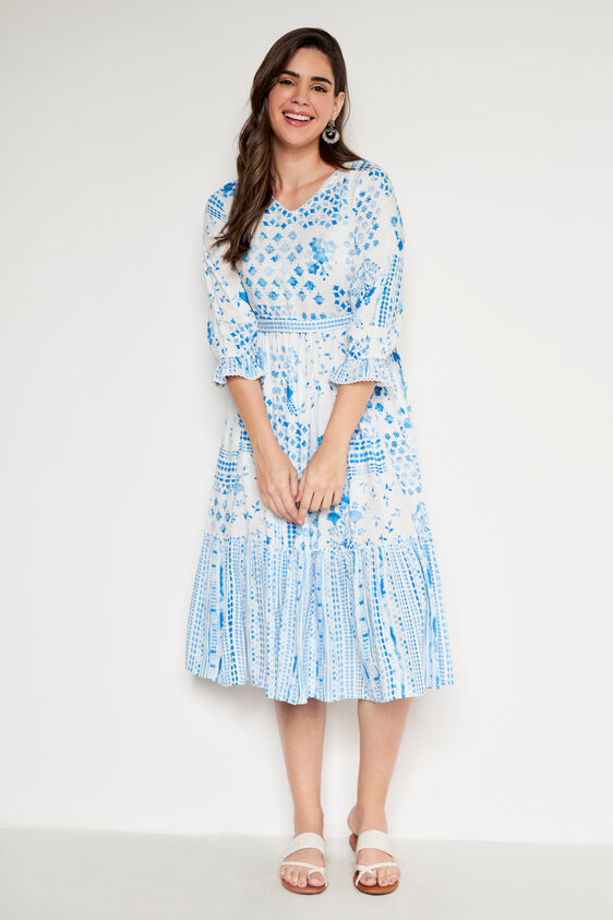 Blue Abstract Flared Dress, Blue, image 1